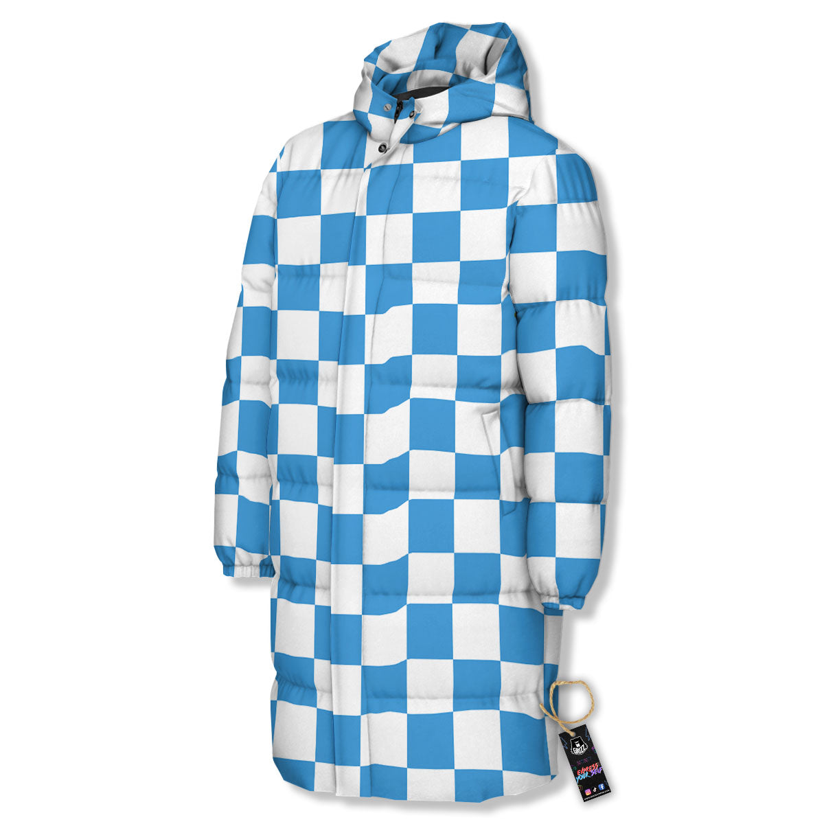 Checkered White And Blue Print Pattern Long Down Jacket-grizzshop