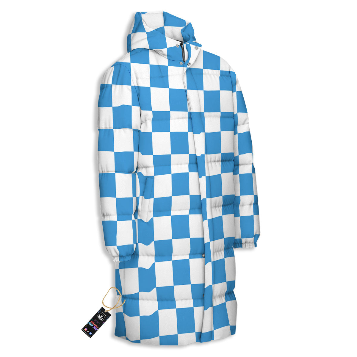 Checkered White And Blue Print Pattern Long Down Jacket-grizzshop