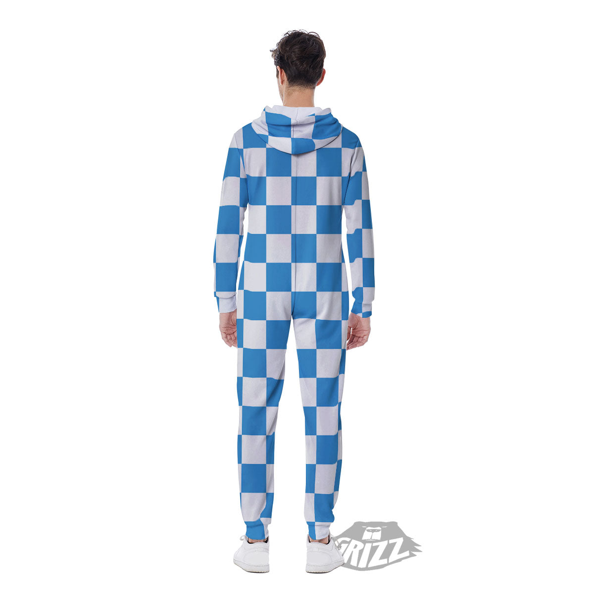 Checkered White And Blue Print Pattern Men's Jumpsuit-grizzshop