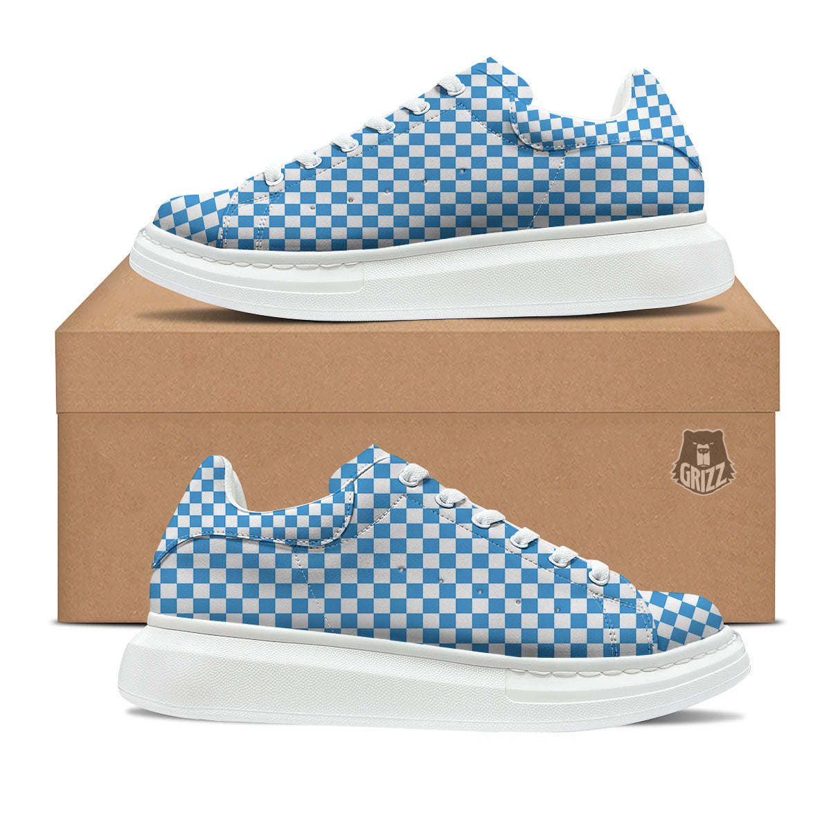Checkered White And Blue Print Pattern Platform Shoes-grizzshop