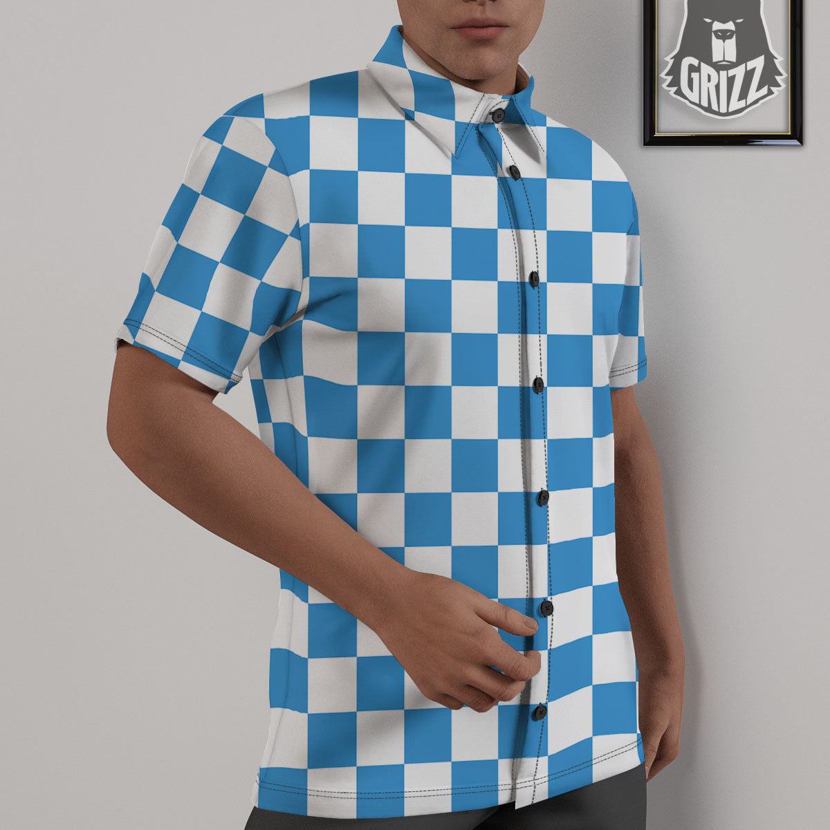Checkered White And Blue Print Pattern Untucked Shirts-grizzshop