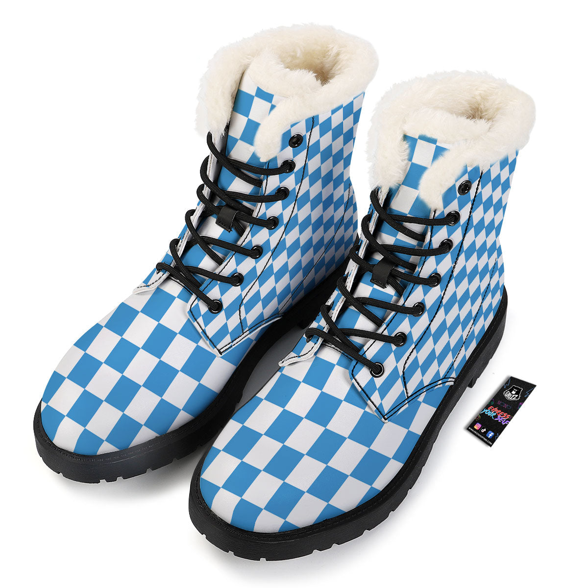 Checkered White And Blue Print Pattern Winter Boots-grizzshop