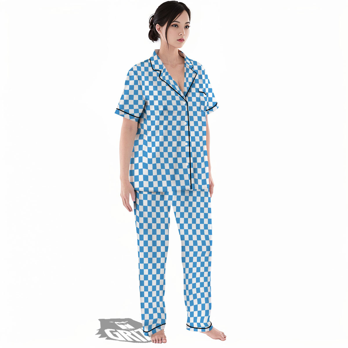 Checkered White And Blue Print Pattern Women's Pajamas Set-grizzshop