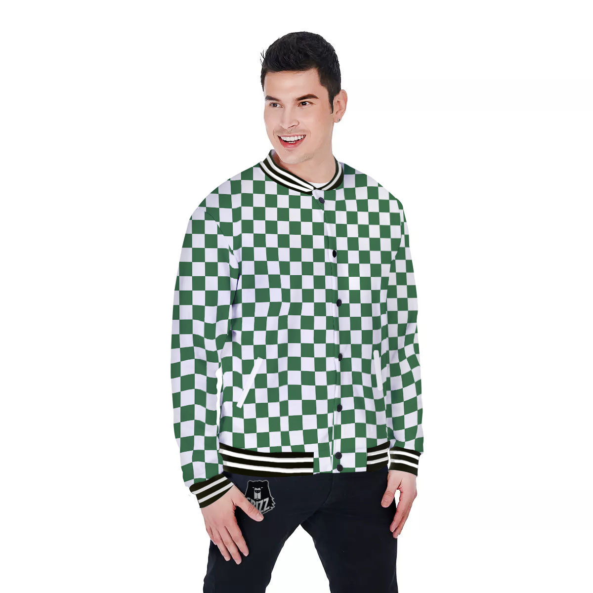 Checkered White And Green Print Pattern Baseball Jacket-grizzshop