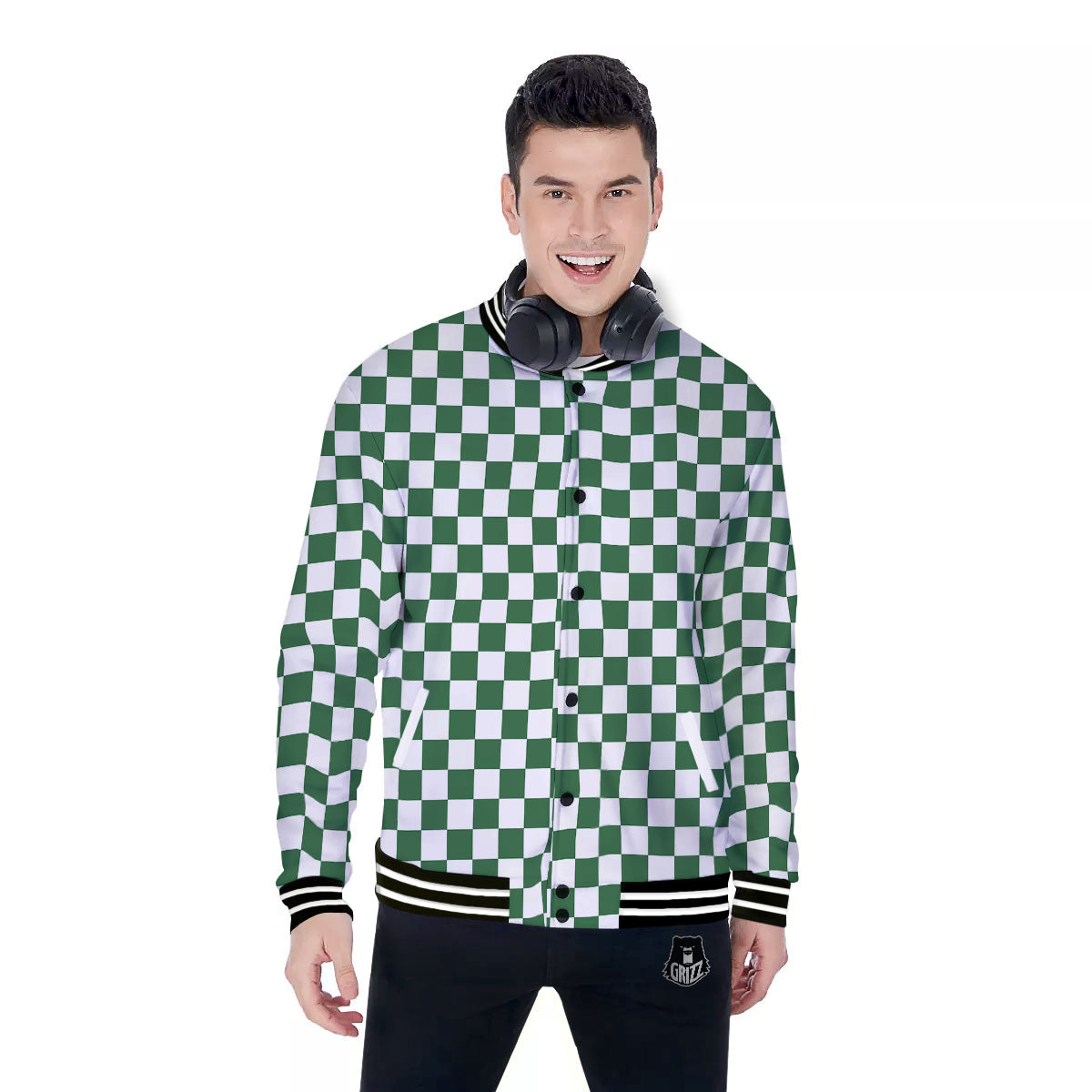 Checkered White And Green Print Pattern Baseball Jacket-grizzshop