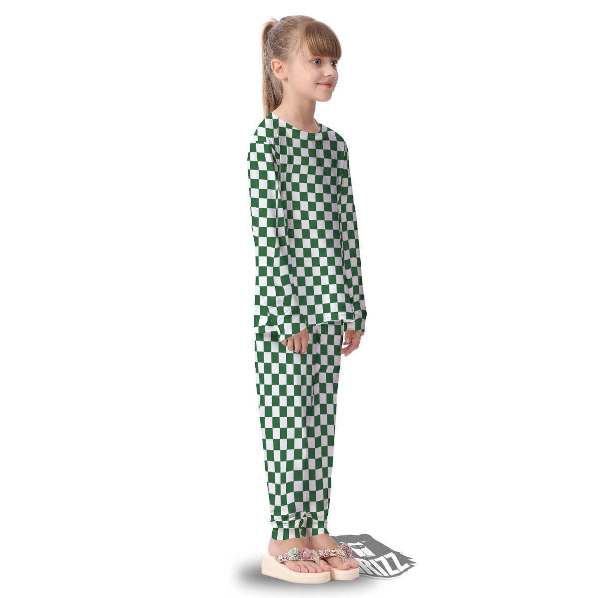 Checkered White And Green Print Pattern Kid's Pajamas-grizzshop