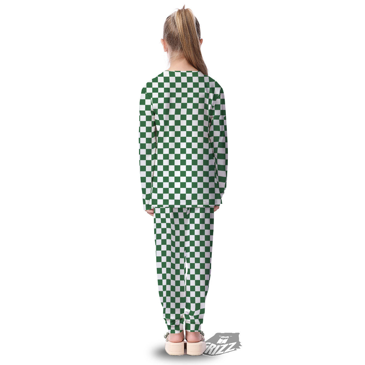 Checkered White And Green Print Pattern Kid's Pajamas-grizzshop