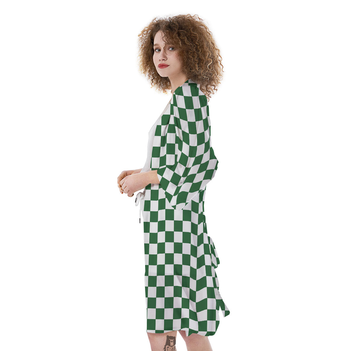 Checkered White And Green Print Pattern Kimono-grizzshop