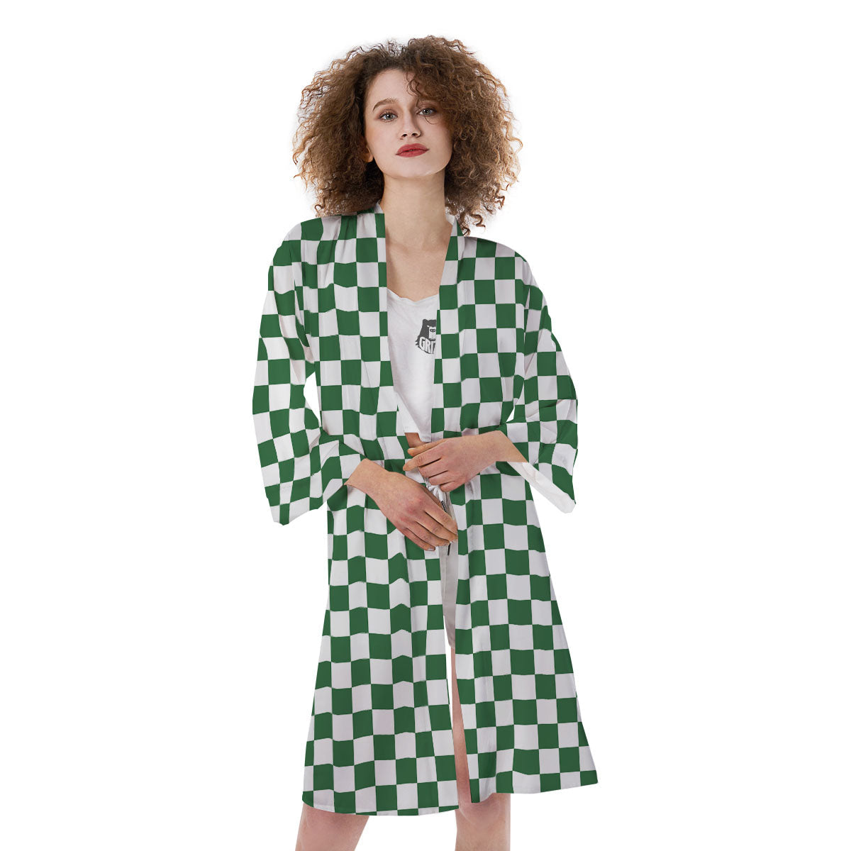 Checkered White And Green Print Pattern Kimono-grizzshop