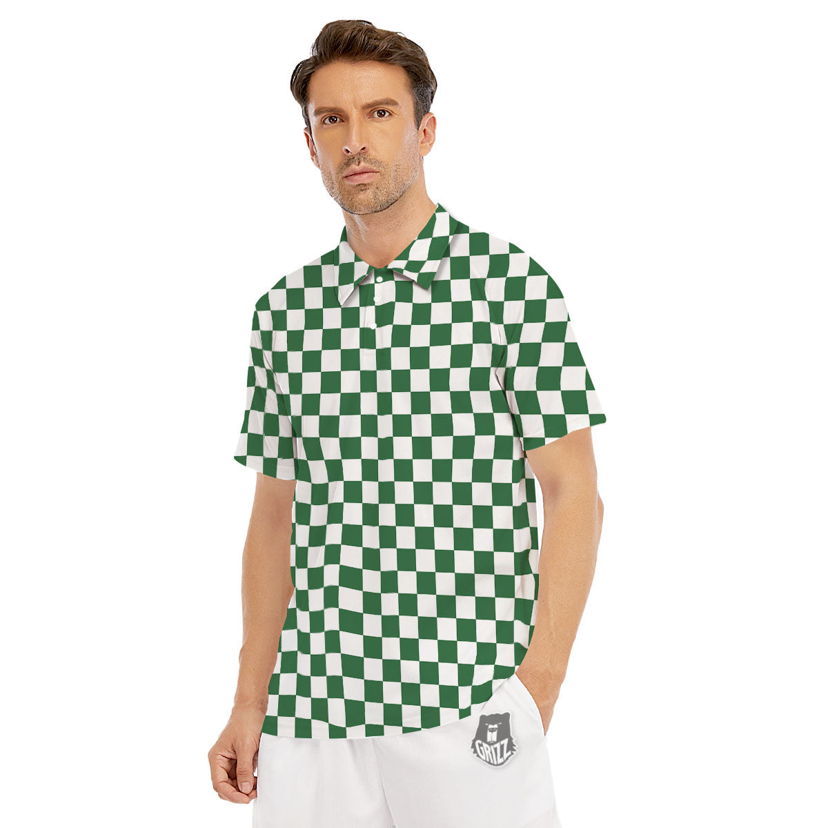 Checkered White And Green Print Pattern Men's Golf Shirts-grizzshop
