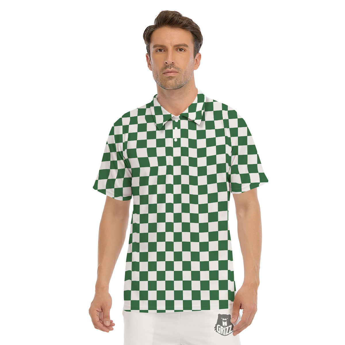 Checkered White And Green Print Pattern Men's Golf Shirts-grizzshop
