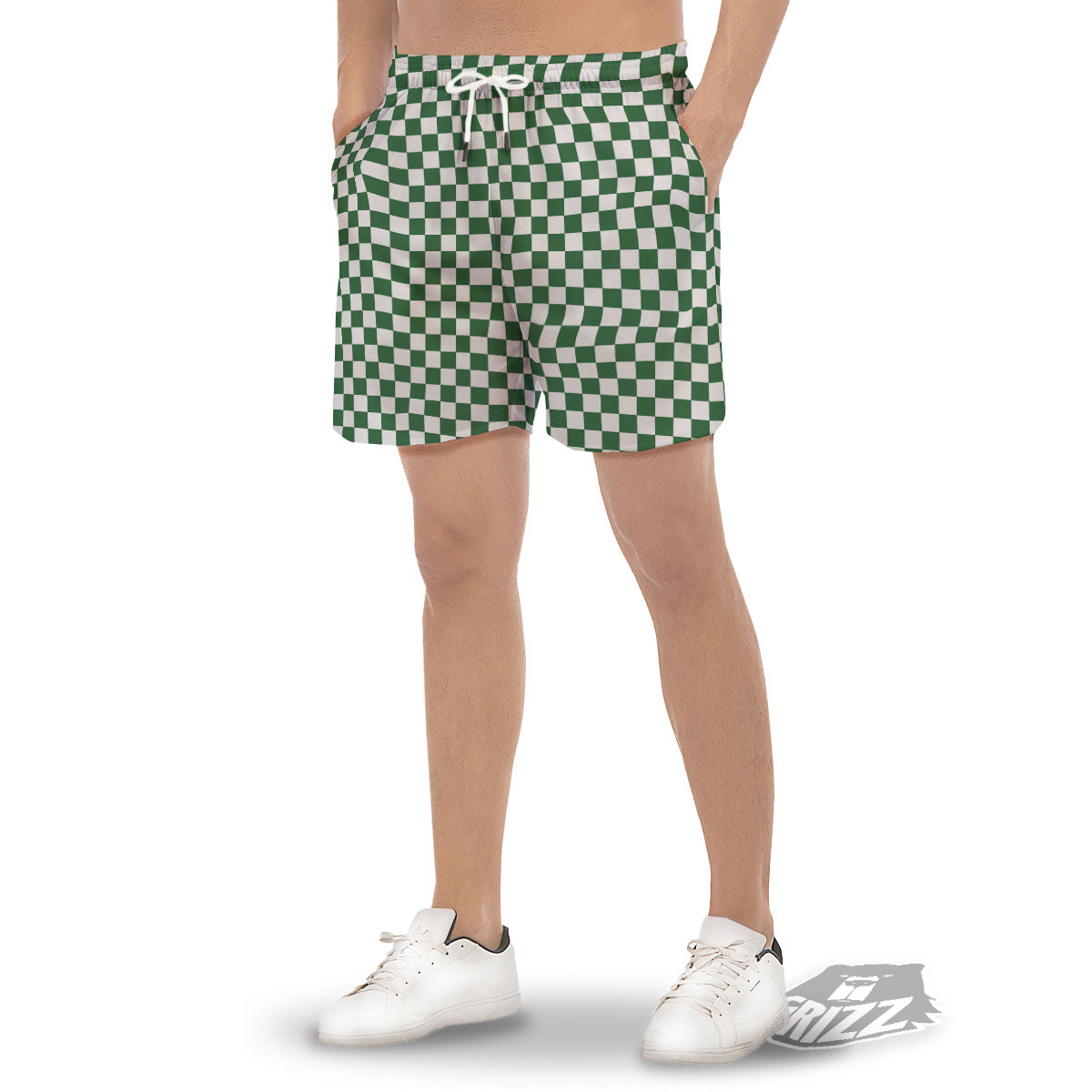 Checkered White And Green Print Pattern Men's Gym Shorts-grizzshop
