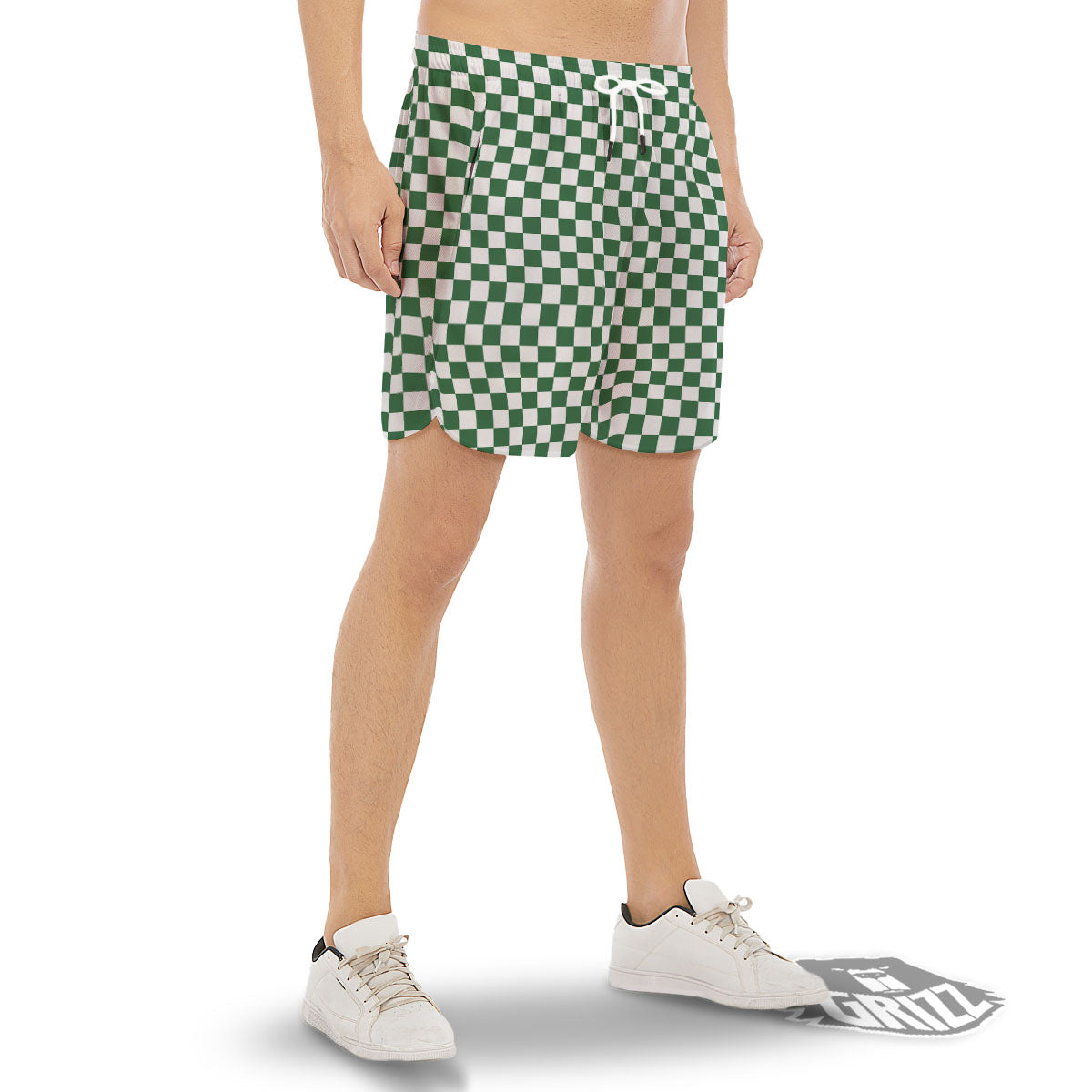 Checkered White And Green Print Pattern Men's Gym Shorts-grizzshop
