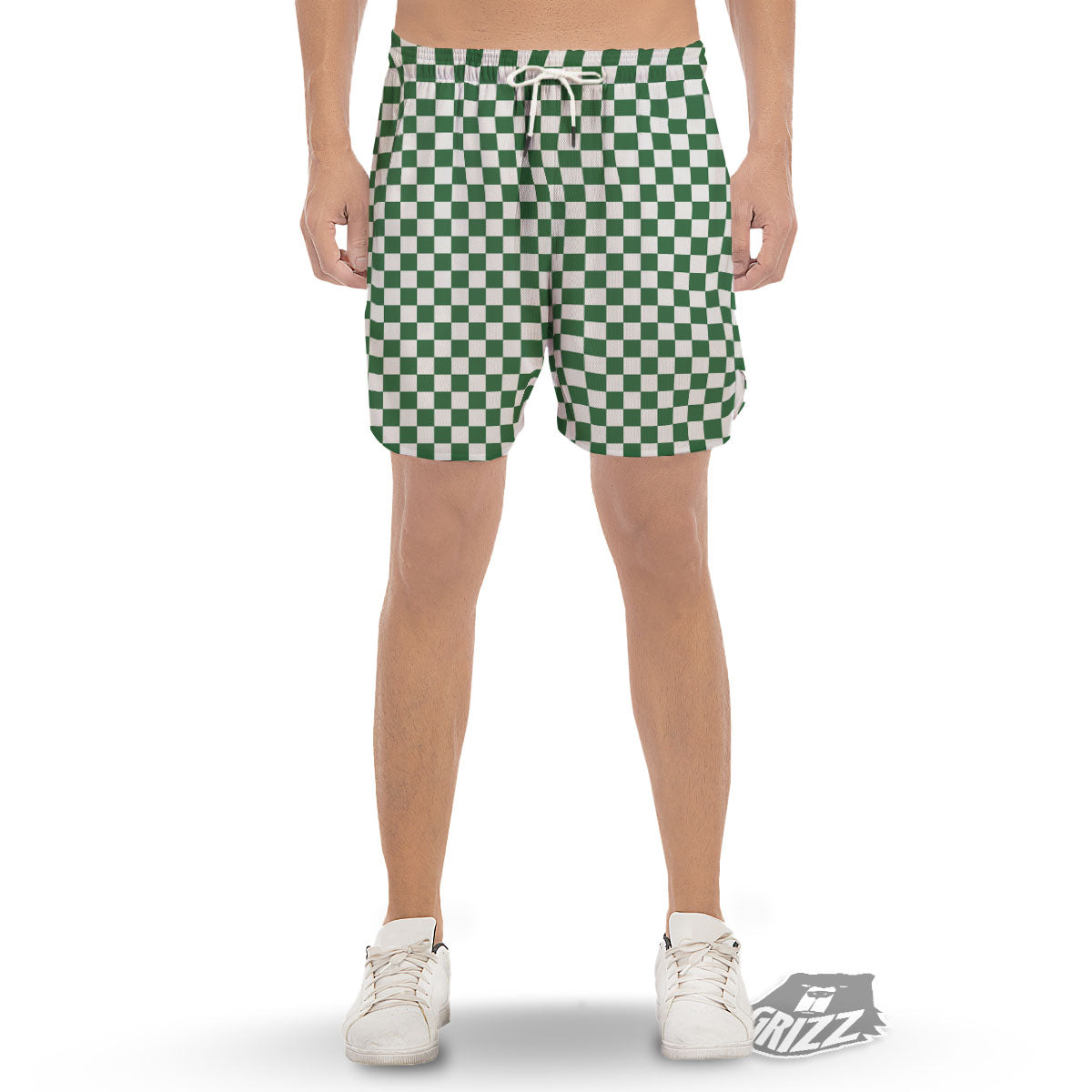Checkered White And Green Print Pattern Men's Gym Shorts-grizzshop