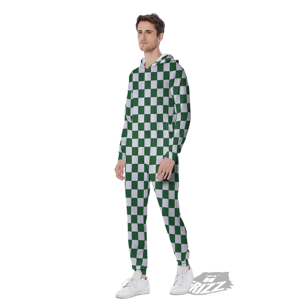 Checkered White And Green Print Pattern Men's Jumpsuit-grizzshop