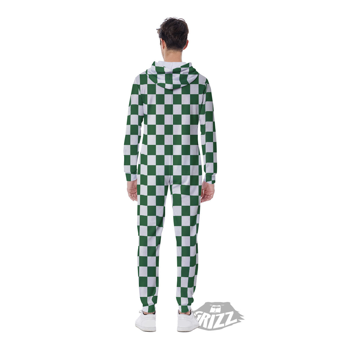 Checkered White And Green Print Pattern Men's Jumpsuit-grizzshop