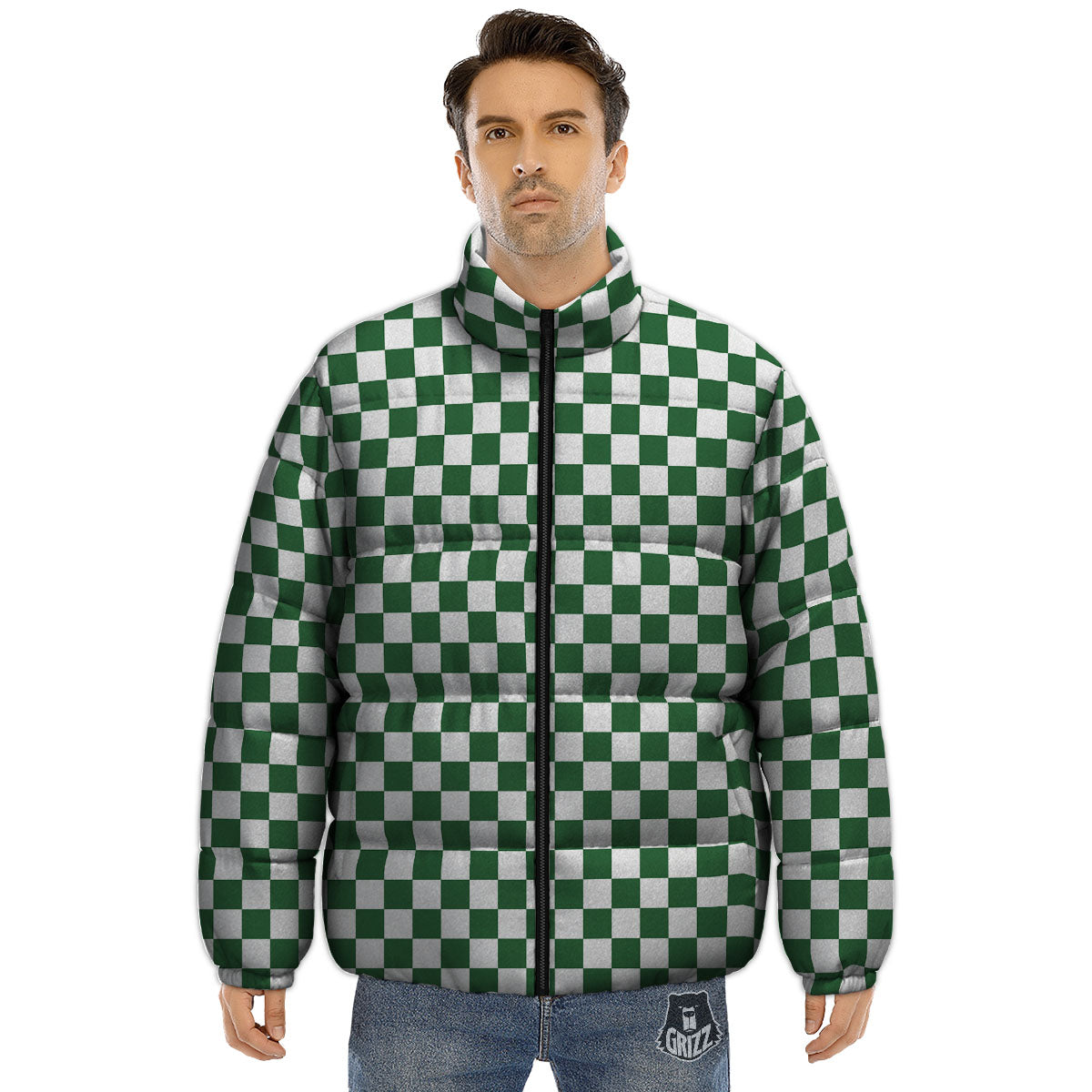 Checkered White And Green Print Pattern Puffer Jacket-grizzshop