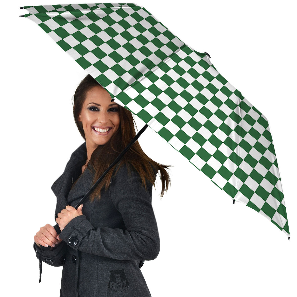 Checkered White And Green Print Pattern Umbrella-grizzshop