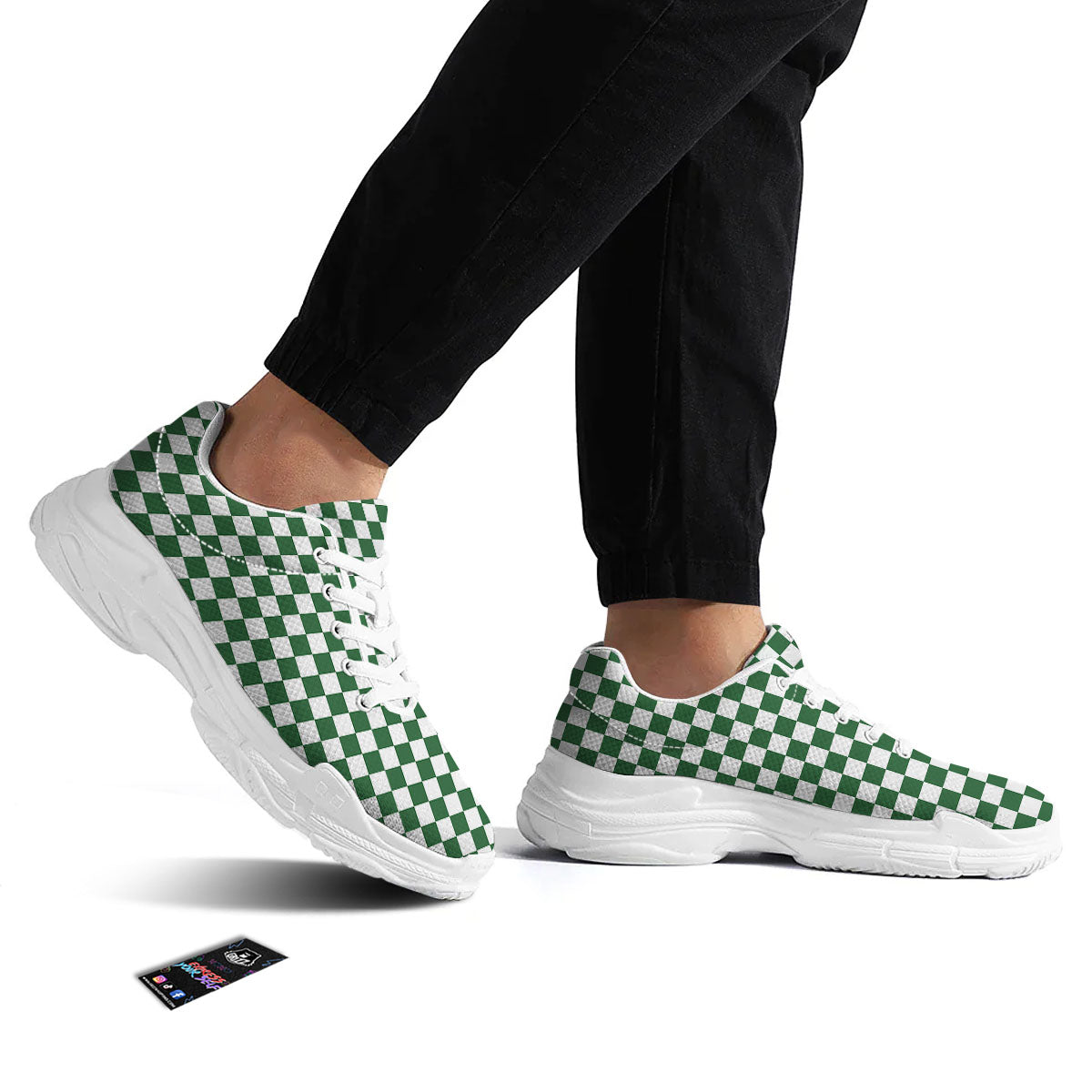 Checkered White And Green Print Pattern White Chunky Shoes-grizzshop