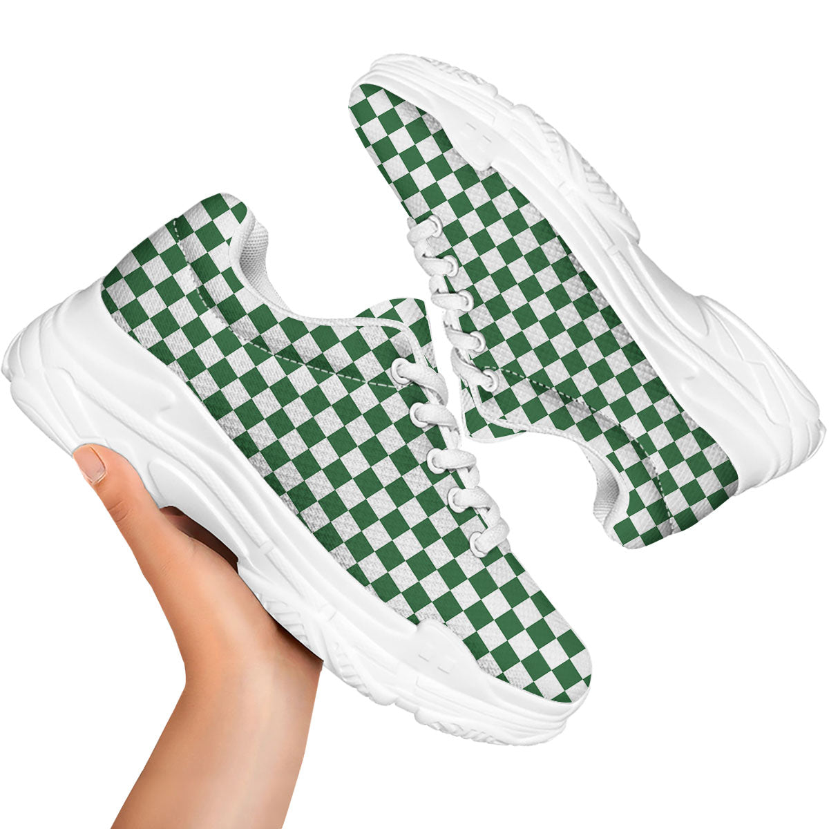 Checkered White And Green Print Pattern White Chunky Shoes-grizzshop
