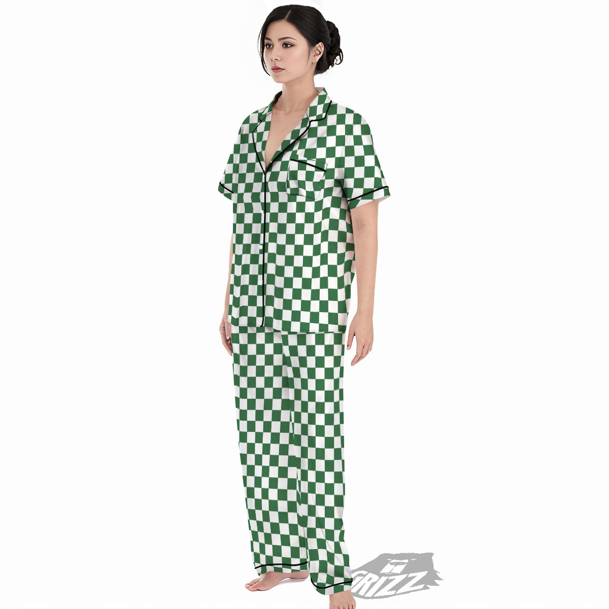 Checkered White And Green Print Pattern Women's Pajamas Set-grizzshop
