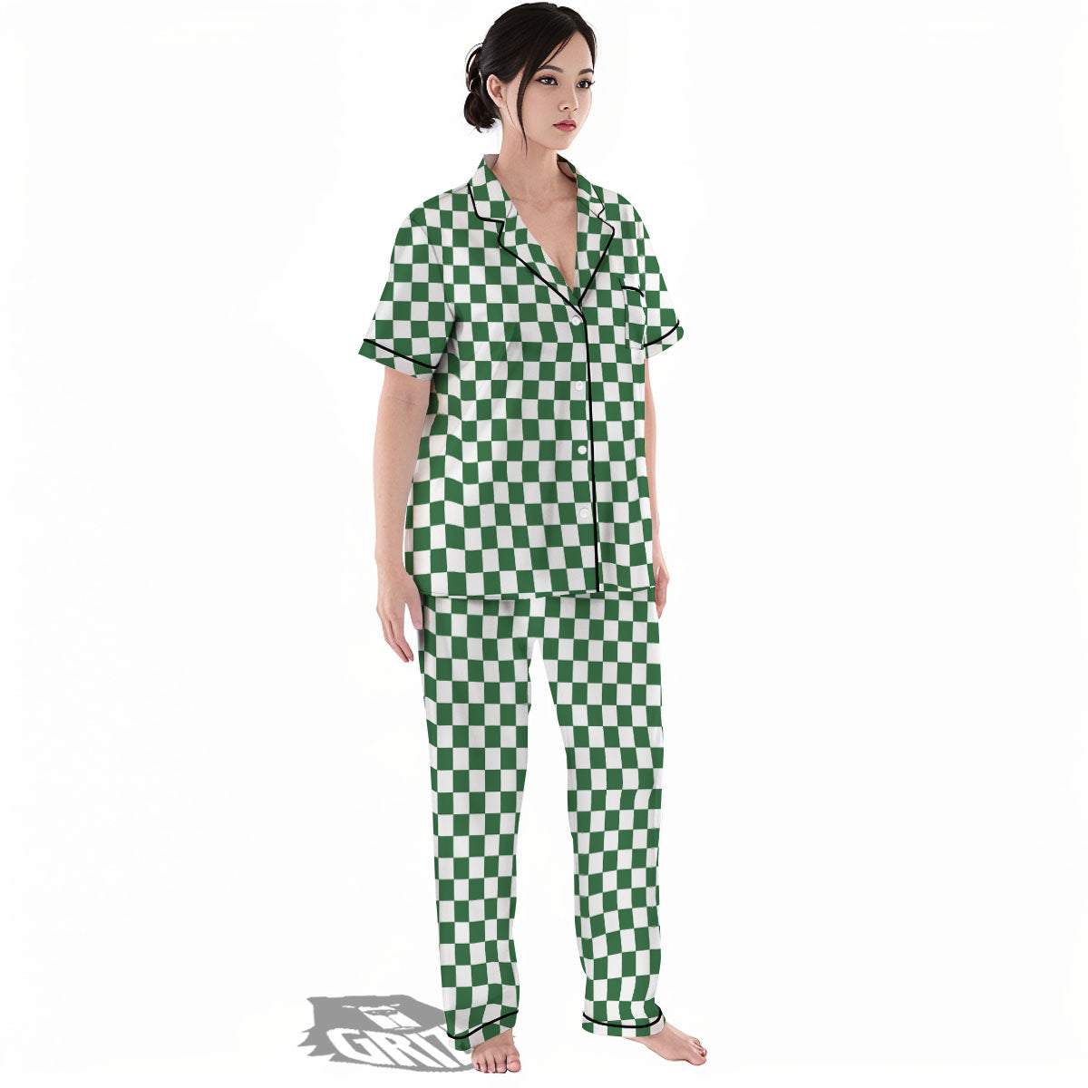 Checkered White And Green Print Pattern Women's Pajamas Set-grizzshop