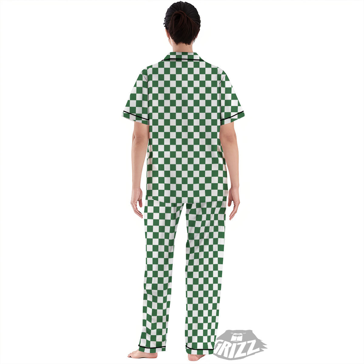 Checkered White And Green Print Pattern Women's Pajamas Set-grizzshop