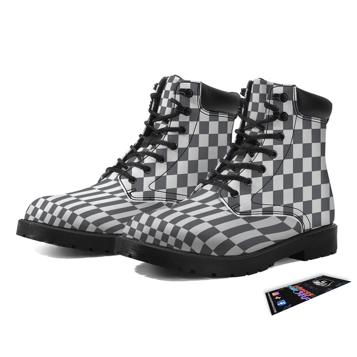 Checkered White And Grey Print Pattern Boots-grizzshop