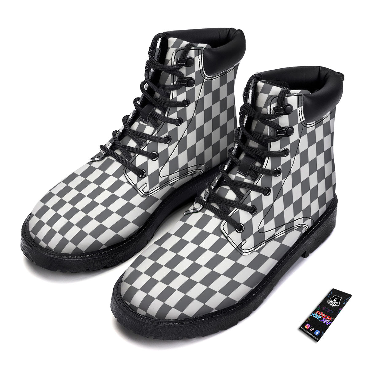 Checkered White And Grey Print Pattern Boots-grizzshop
