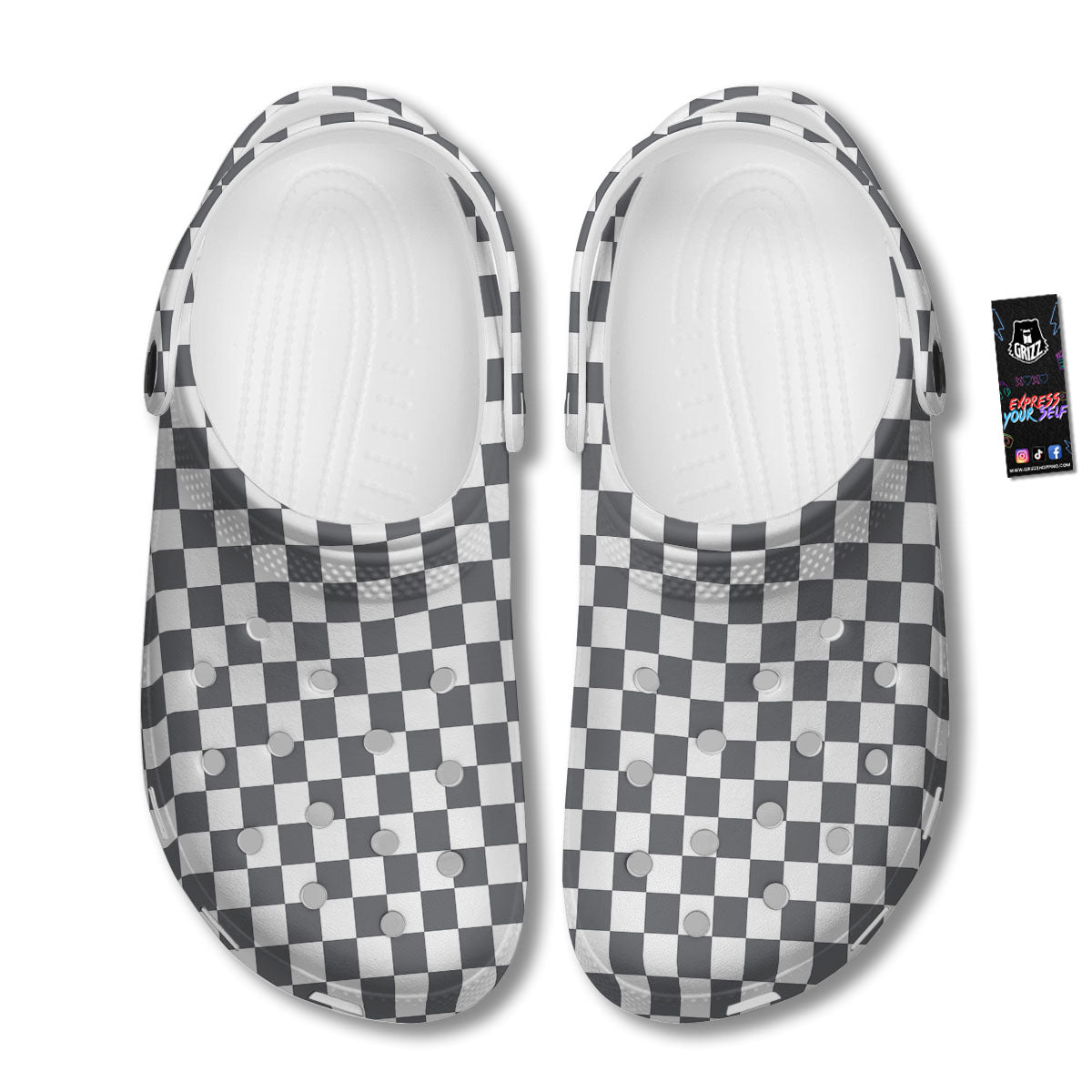 Checkered White And Grey Print Pattern Clog-grizzshop