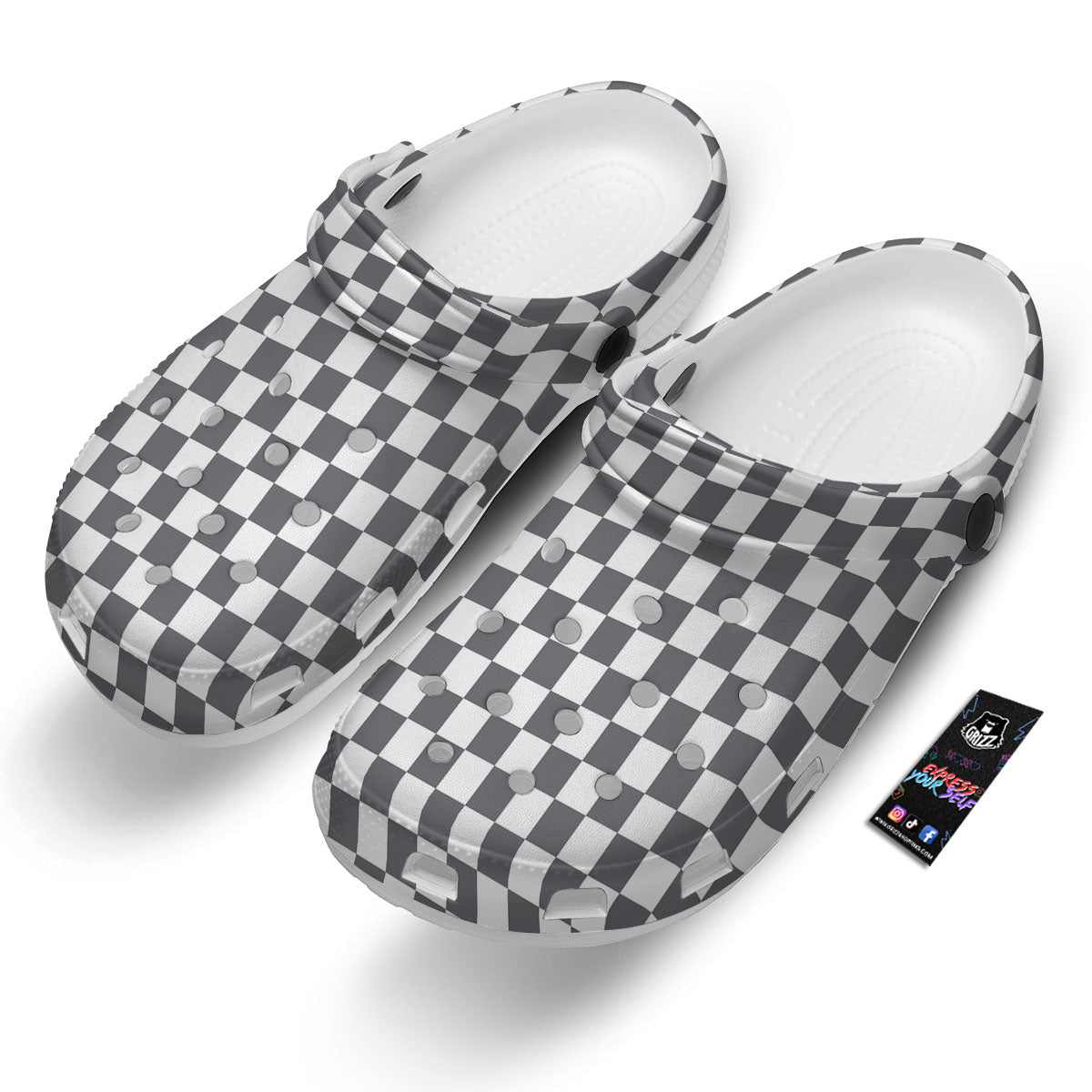Checkered White And Grey Print Pattern Clog-grizzshop
