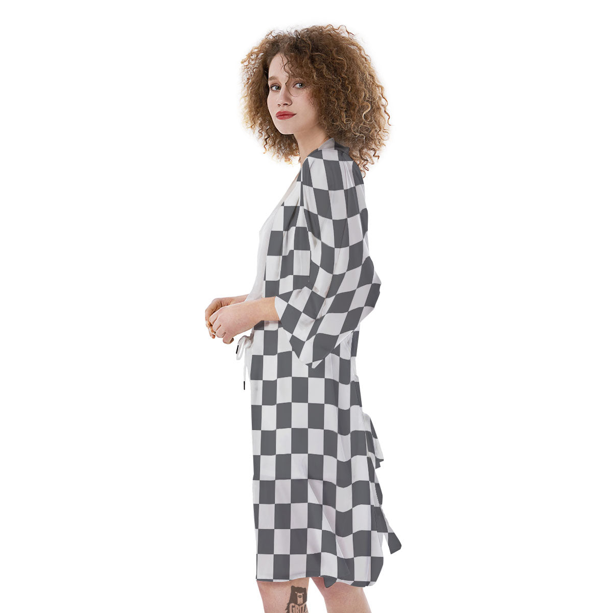Checkered White And Grey Print Pattern Kimono-grizzshop