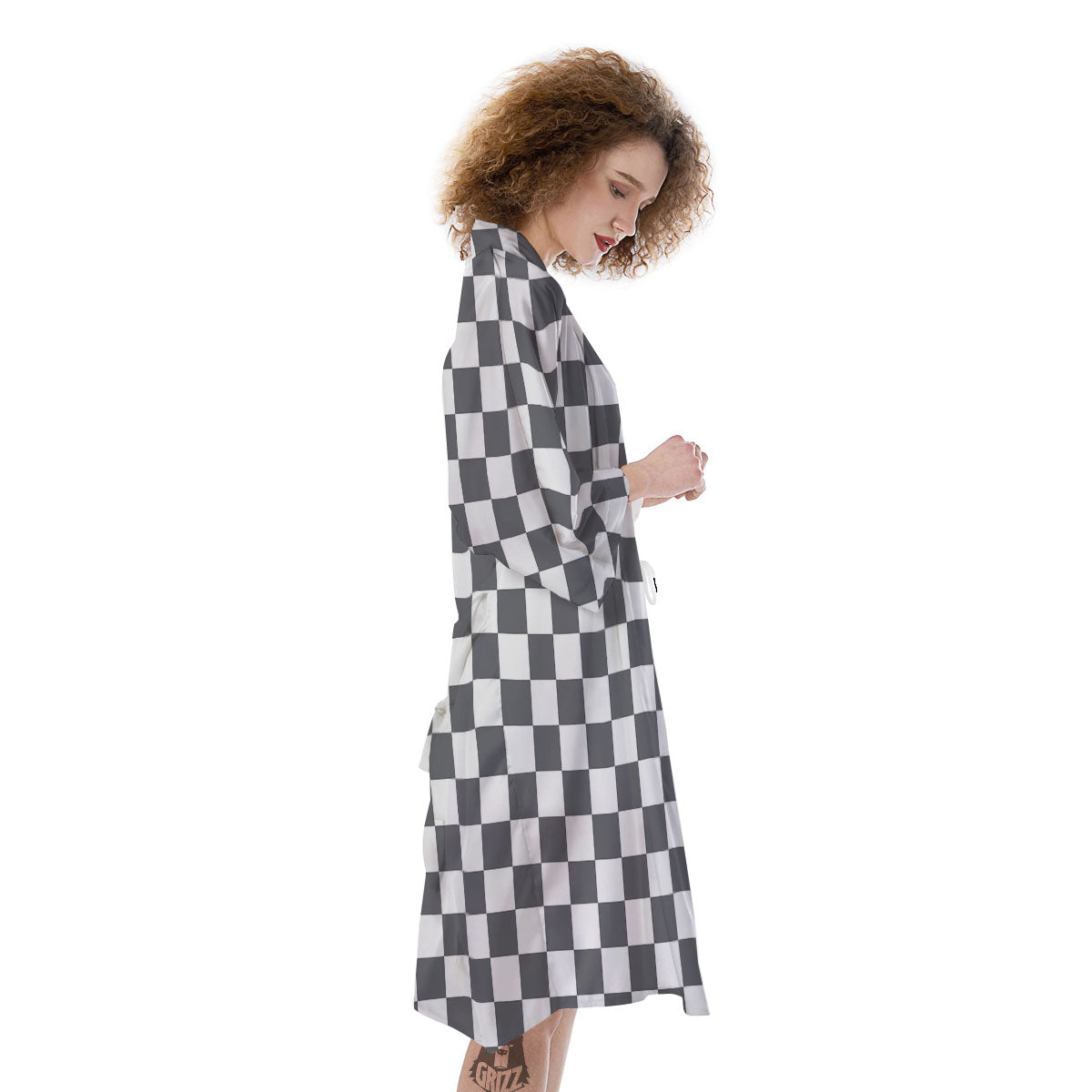 Checkered White And Grey Print Pattern Kimono-grizzshop