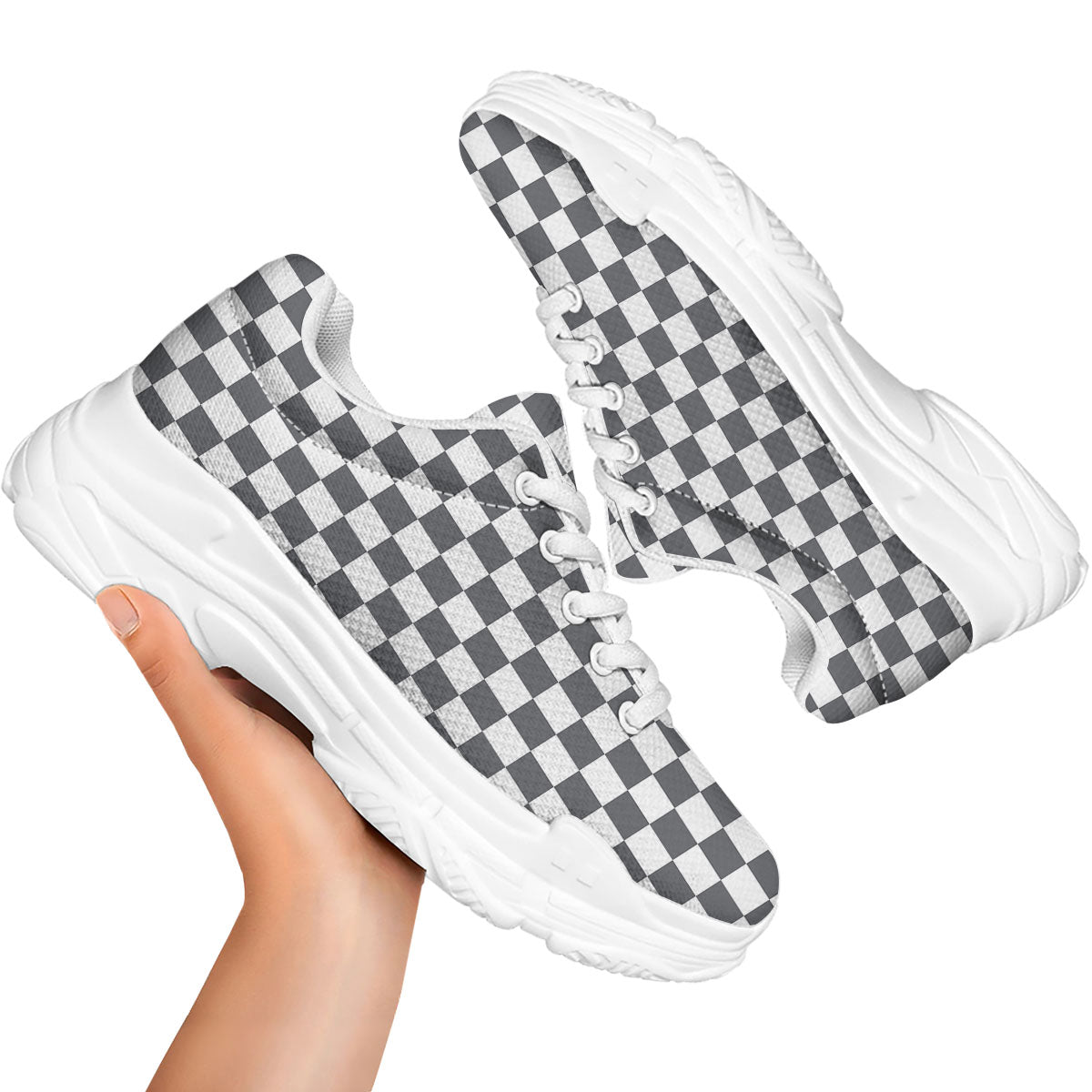 Checkered White And Grey Print Pattern White Chunky Shoes-grizzshop