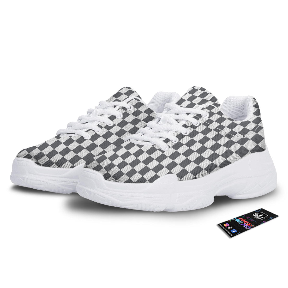 Checkered White And Grey Print Pattern White Chunky Shoes-grizzshop