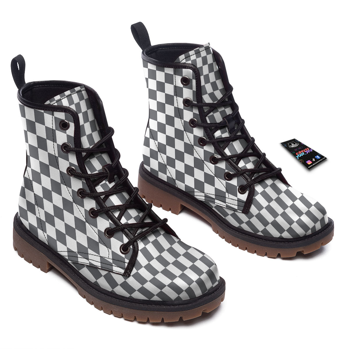 Checkered White And Grey Print Pattern Work Boots-grizzshop