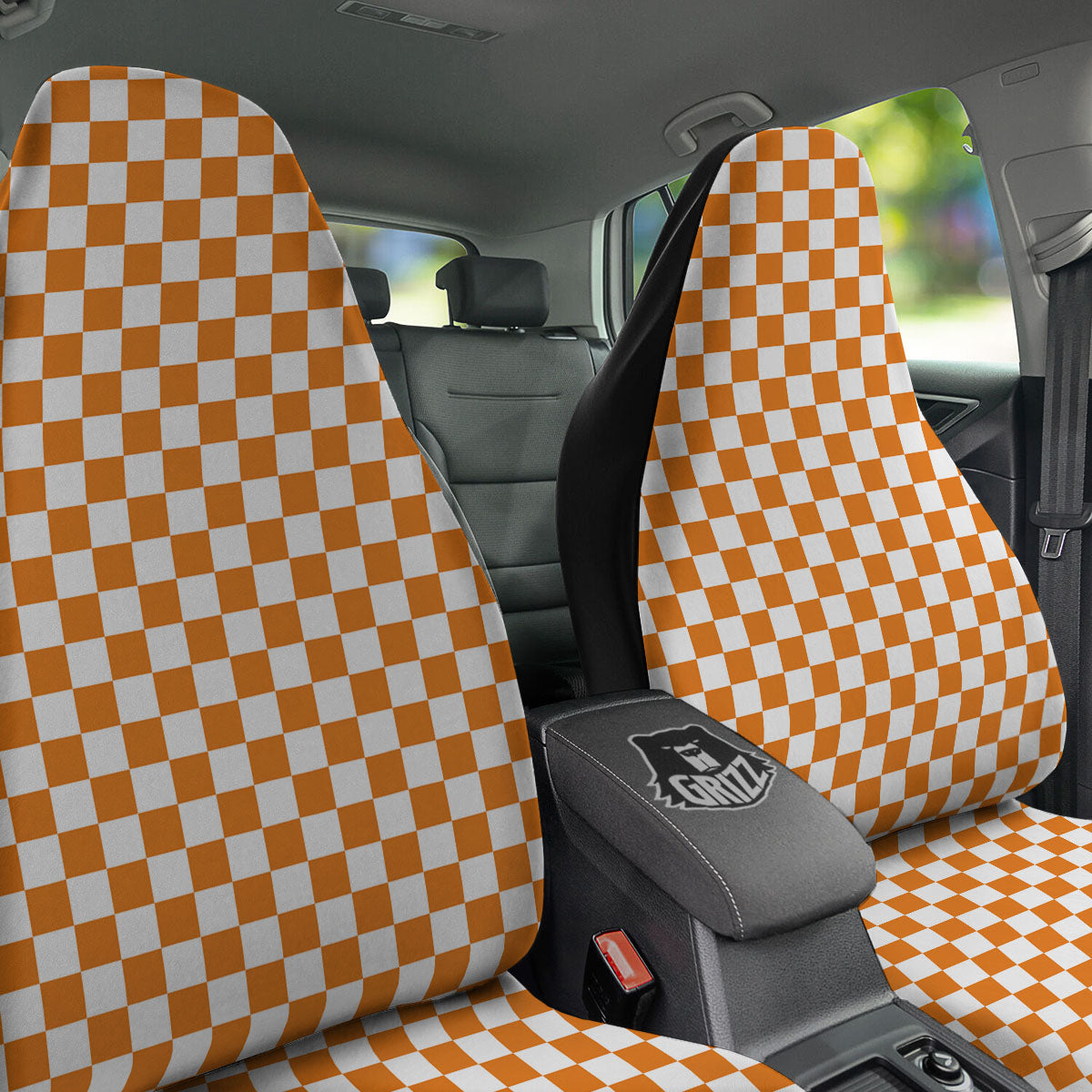 Checkered White And Orange Print Pattern Car Seat Covers-grizzshop