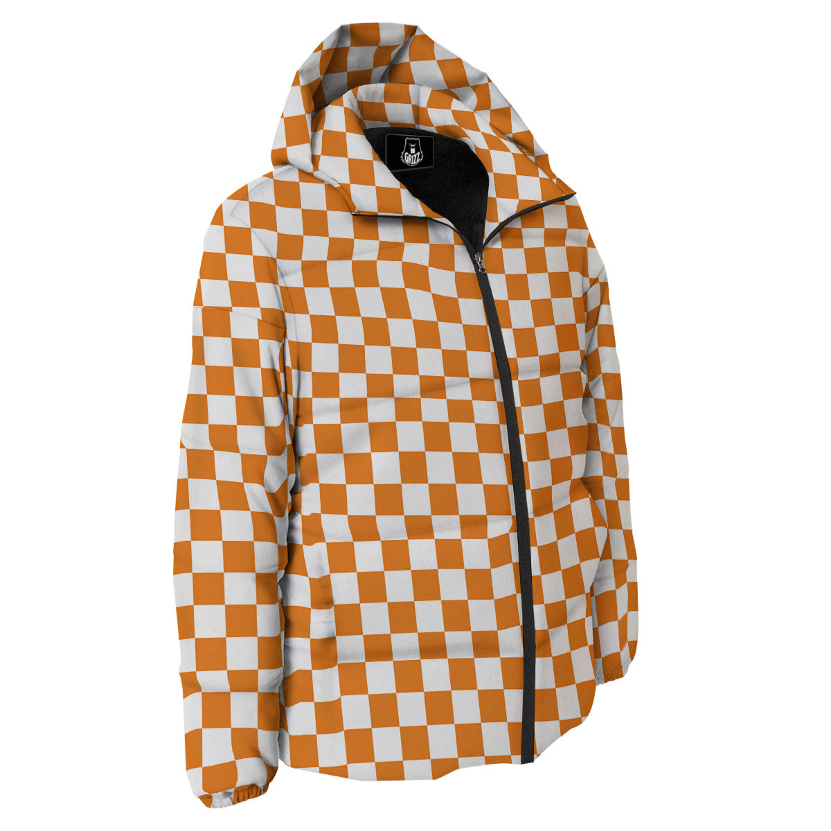 Checkered White And Orange Print Pattern Down Jacket-grizzshop