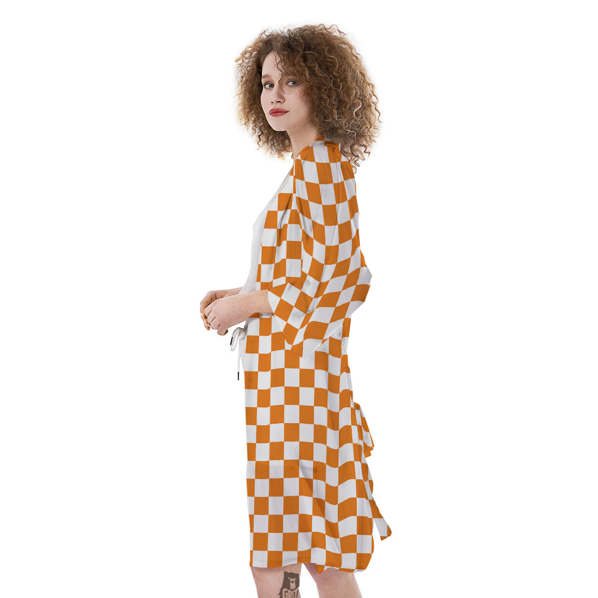 Checkered White And Orange Print Pattern Kimono-grizzshop