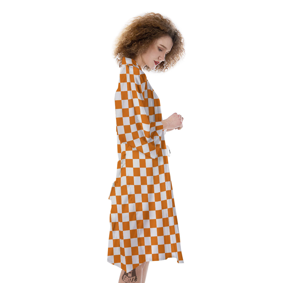 Checkered White And Orange Print Pattern Kimono-grizzshop