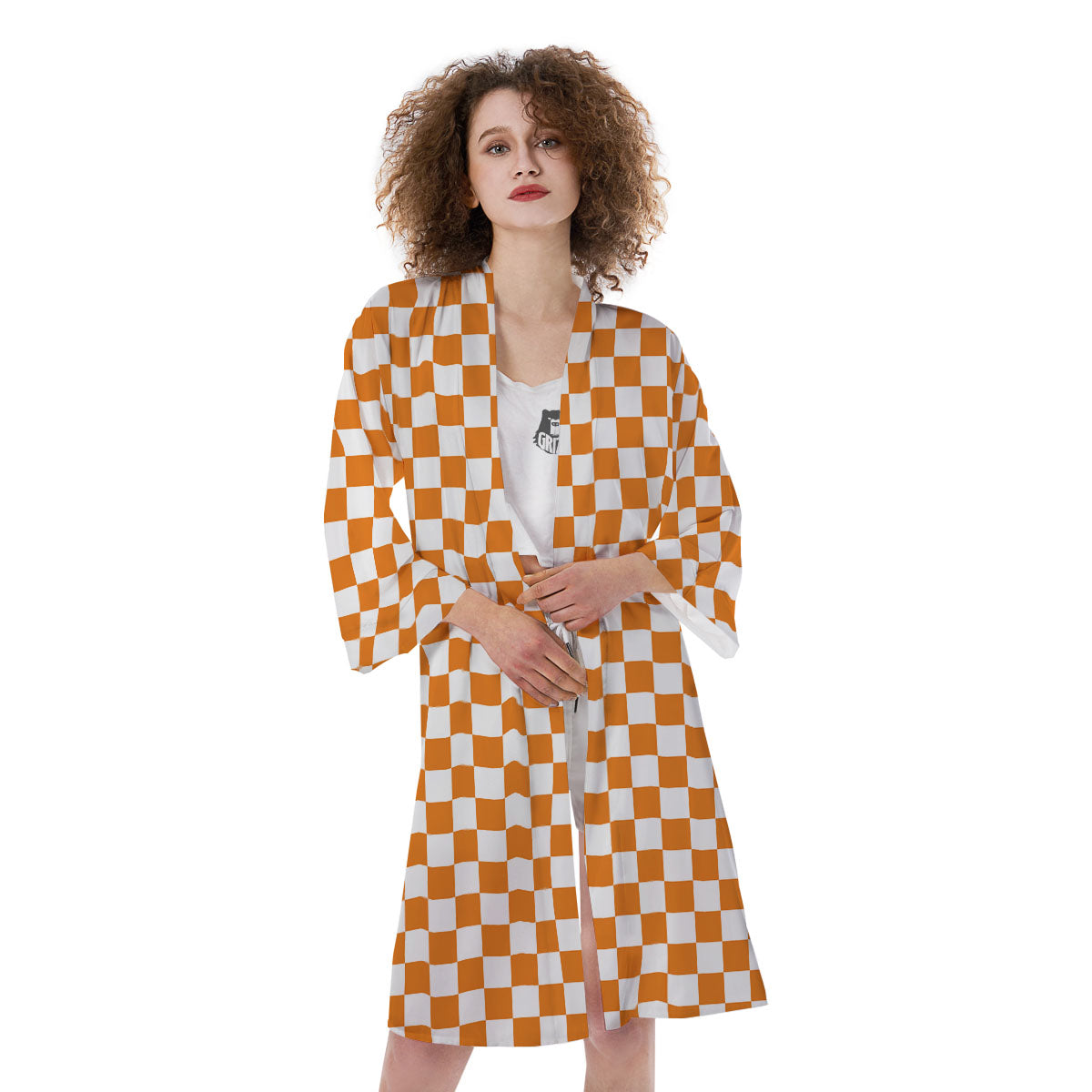 Checkered White And Orange Print Pattern Kimono-grizzshop