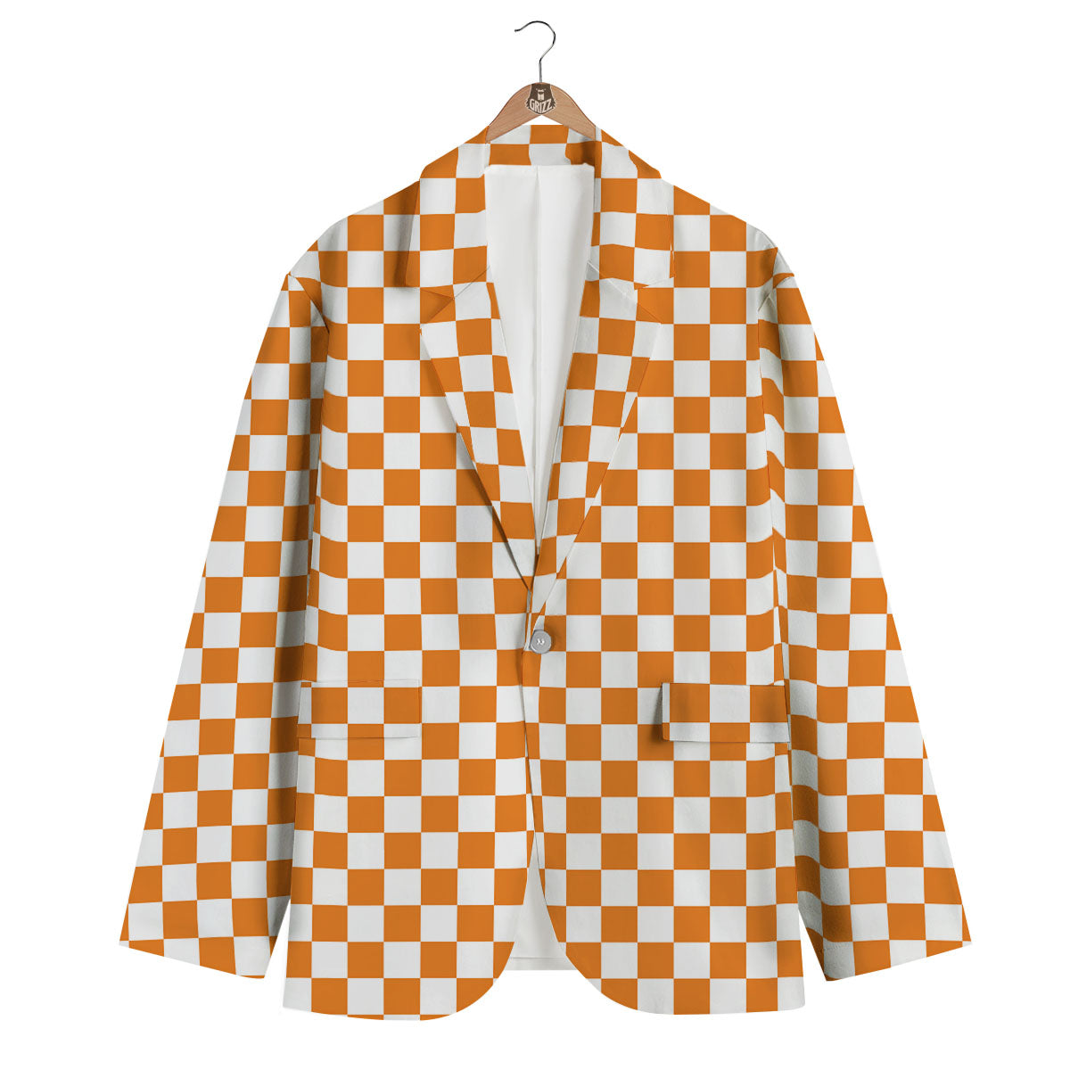 Checkered White And Orange Print Pattern Men's Blazer-grizzshop