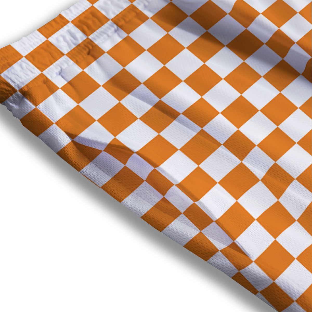 Checkered White And Orange Print Pattern Mesh Shorts