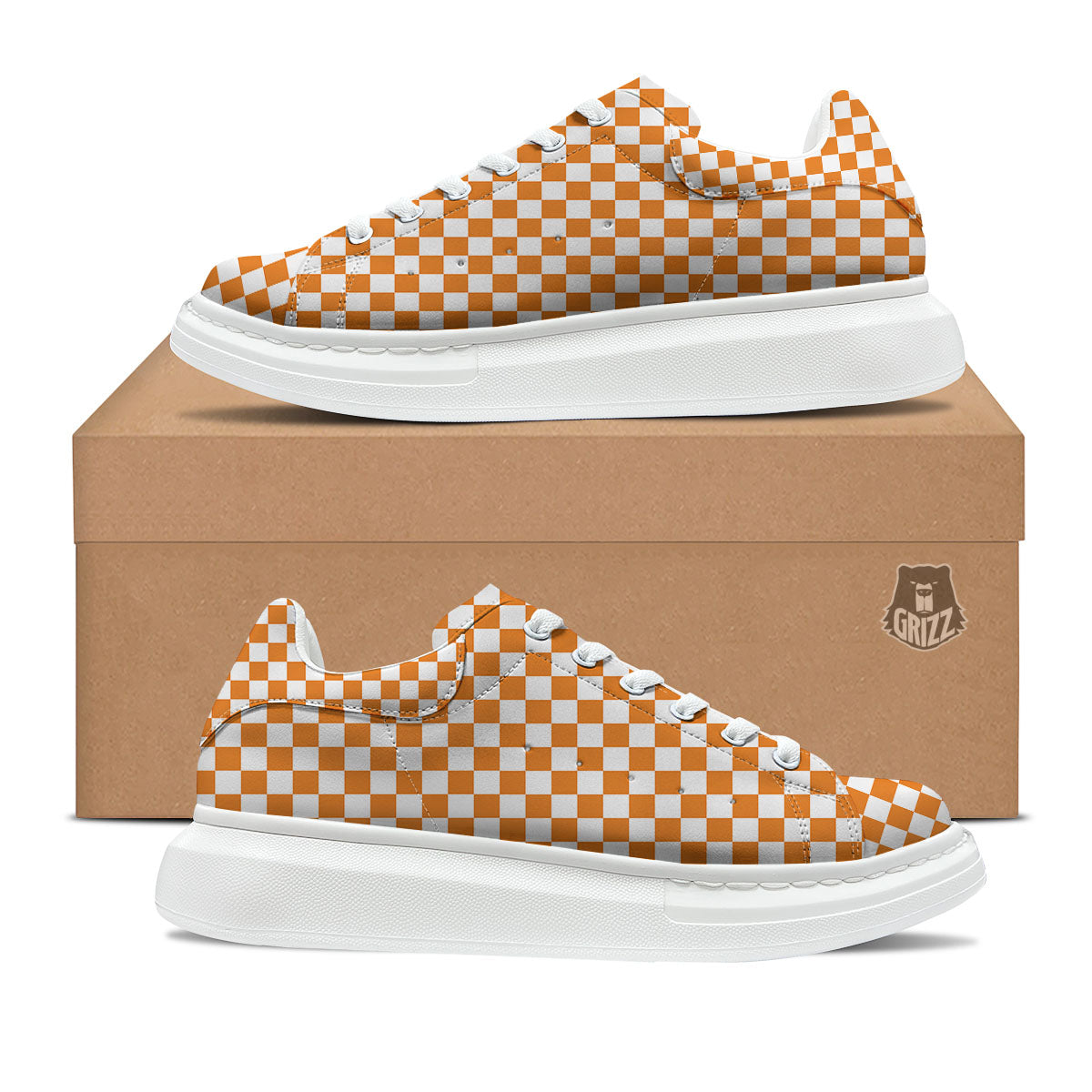 Checkered White And Orange Print Pattern Platform Shoes-grizzshop