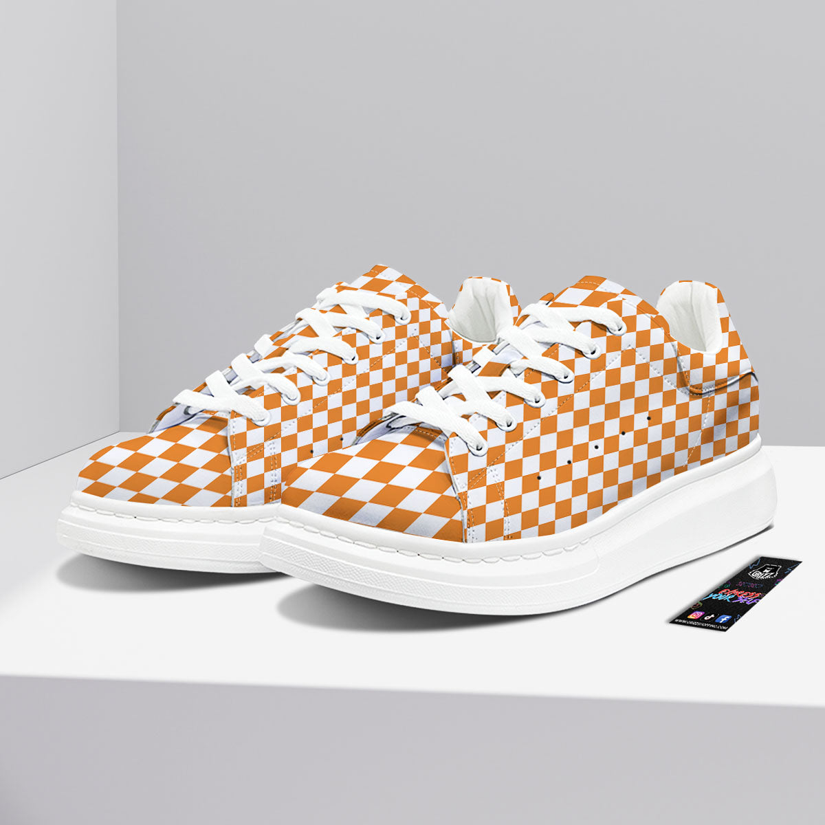 Checkered White And Orange Print Pattern Platform Shoes-grizzshop