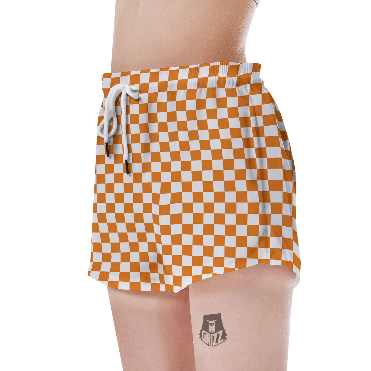 Checkered White And Orange Print Pattern Women's Shorts-grizzshop
