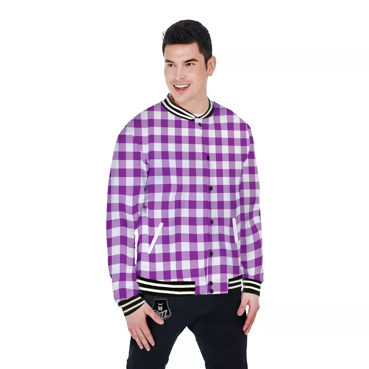 Checkered White And Purple Print Pattern Baseball Jacket-grizzshop
