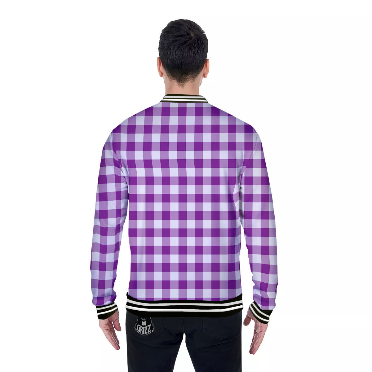 Checkered White And Purple Print Pattern Baseball Jacket-grizzshop