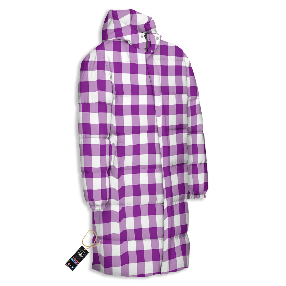 Checkered White And Purple Print Pattern Long Down Jacket-grizzshop