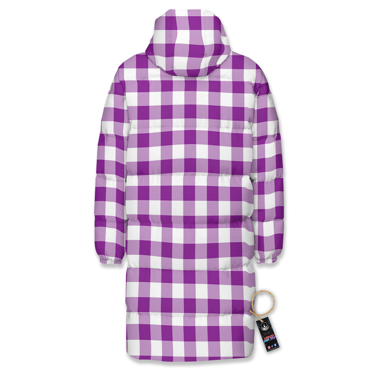 Checkered White And Purple Print Pattern Long Down Jacket-grizzshop